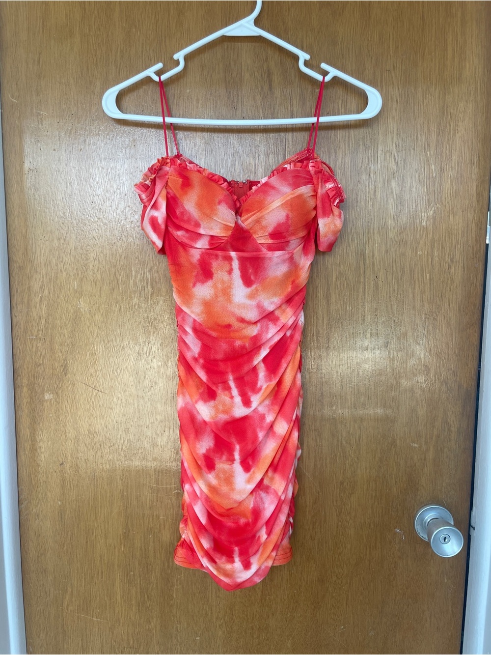 Tie-Dye Red-Orange Ruched Slip Mini Dress